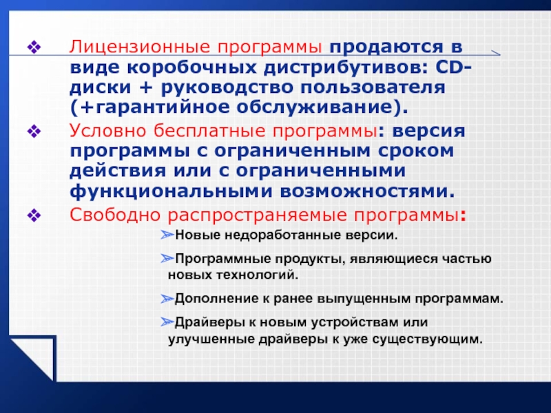 Какие программы называют условно бесплатными. Лицензионные программы. Характеристика лицензионных программ. Лицензионные и свободно распространяемые программные продукты. Какие программы называют свободно распространяемыми.