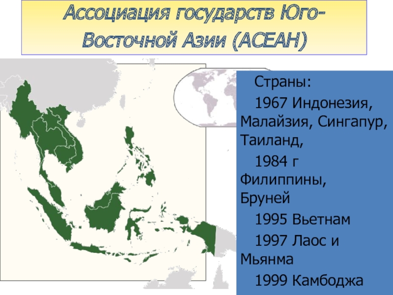 Ассоциация государств Юго-Восточной Азии (АСЕАН)   Страны:  1967 Индонезия, Малайзия, Сингапур, Таиланд,  1984 г