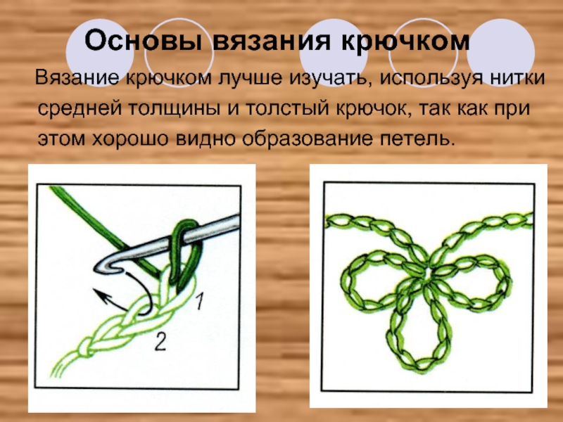 Вязание крючком лучше изучать, используя нитки средней толщины и толстый крючок, так как при этом