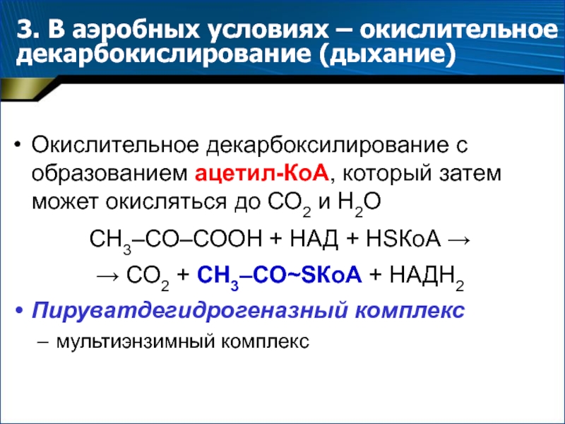 Аэробное дыхание это. Окислительное декарбоксилирование аэробное дыхание. Декарбоксилирование сн3сооna. Аэробные условия. Ацетил-КОА → со2 + н2о.