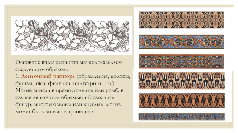 Ленточный орнамент мотив и раппорт. Виды раппорта. Ленточный орнамент виды раппорта. Комбинированный мотив в орнаменте раппорт.