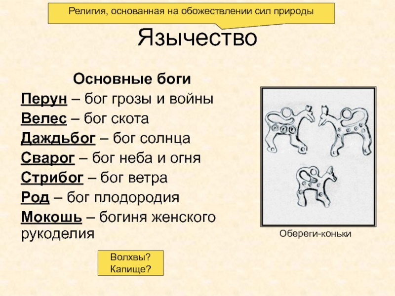 Древняя Русь
IX - XIII вв ЯзычествоОсновные богиПерун – бог грозы и войны Велес – бог скотаДаждьбог ЯзычествоОсновные богиПерун – бог грозы и войны Велес – бог скотаДаждьбог – бог солнцаСварог – бог неба