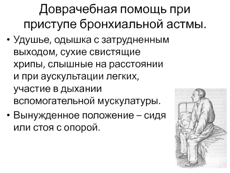 Какая одышка при бронхиальной астме. Доврачебная помощь при приступе бронхиальной астмы. Доврачебная помощь при удушье при бронхиальной астме. Хрипы при приступе бронхиальной астмы. Вынужденное положение пациента при приступе бронхиальной астмы.