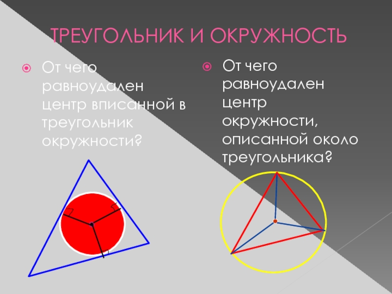 Центр описанной окружности треугольника равноудалена от