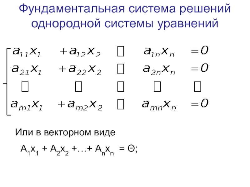Фундаментальная система решений однородной системы уравнений Или в векторном виде  А1х1 + А2х2 +…+ Аnхn =