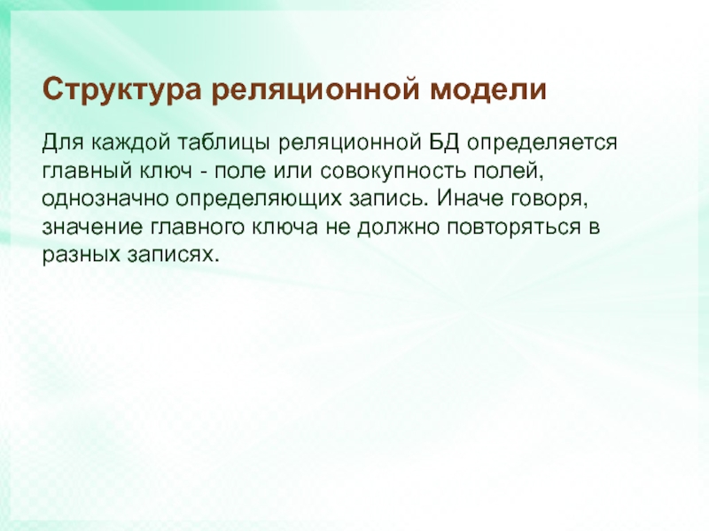 Определяет запись. Совокупность полей или запись. Поле или совокупность полей однозначно определяющих запись. Ключ это поле или совокупность полей. Главный ключ каждой таблицы.