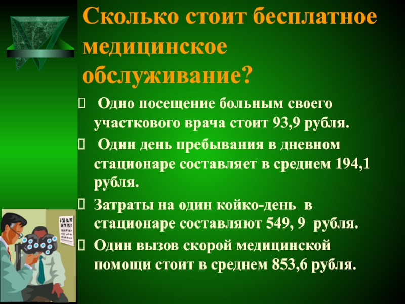 Сколько стоит бесплатное медицинское обслуживание? Одно посещение больным своего участкового врача стоит 93,9 рубля. Один день пребывания