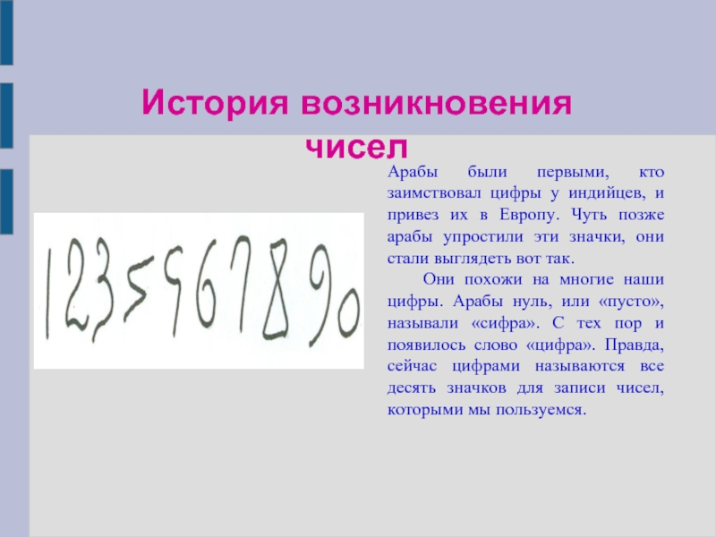 Презентация числа. История возникновения чисел. История возникновения цифр. Происхождение чисел и цифр. Доклад на тему цифры.