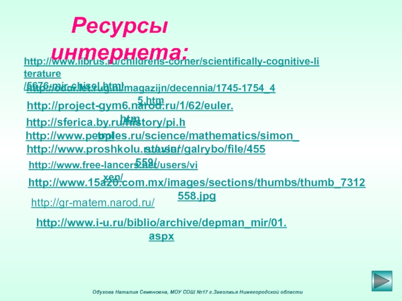 Обухова Наталия Семеновна, МОУ СОШ №17 г.Заволжья Нижегородской областиhttp://www.free-lancers.net/users/vixen/http://www.librus.ru/childrens-corner/scientifically-cognitive-literature/5676-mir-chisel.htmlhttp://odur.let.rug.nl/magazijn/decennia/1745-1754_45.htmhttp://project-gym6.narod.ru/1/62/euler.htmhttp://sferica.by.ru/history/pi.htmlhttp://www.peoples.ru/science/mathematics/simon_stevin/http://www.proshkolu.ru/user/galrybo/file/455559/Ресурсы интернета:http://www.15a20.com.mx/images/sections/thumbs/thumb_7312558.jpghttp://gr-matem.narod.ru/http://www.i-u.ru/biblio/archive/depman_mir/01.aspx