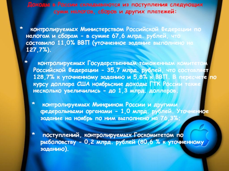 Доходы в России складываются из поступления следующих сумм налогов, сборов и других платежей: *  контролируемых Министерством
