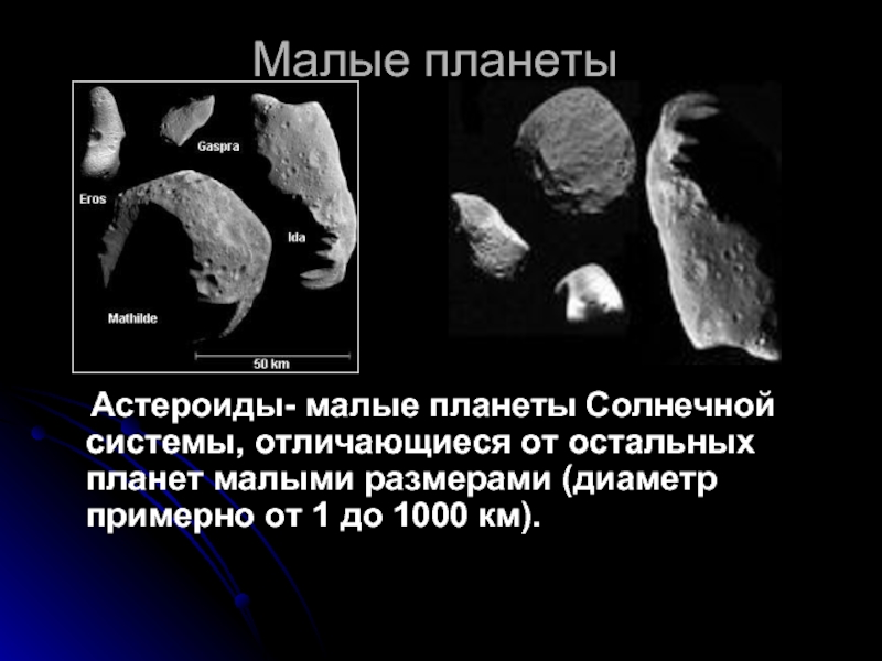 Малые планеты    Астероиды- малые планеты Солнечной системы, отличающиеся от остальных планет малыми размерами (диаметр