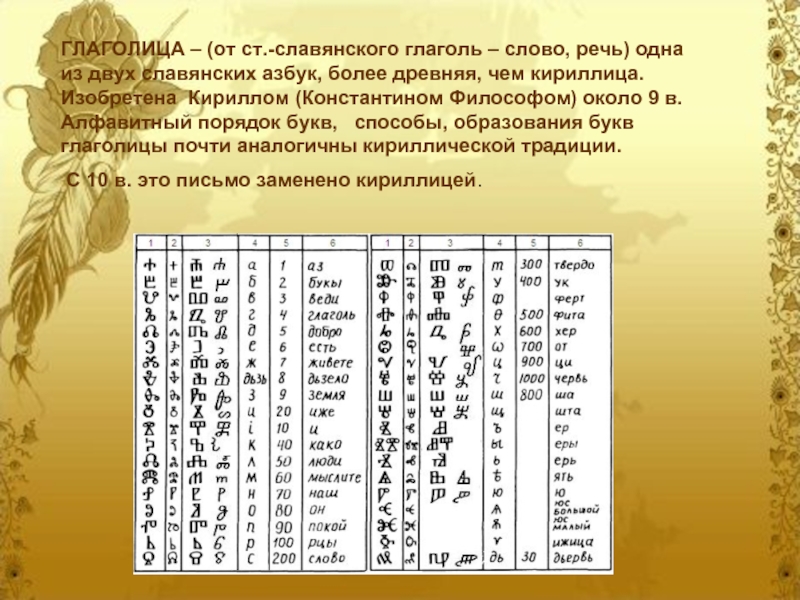 ГЛАГОЛИЦА – (от ст.-славянского глаголь – слово, речь) одна из двух славянских азбук, более древняя, чем кириллица.