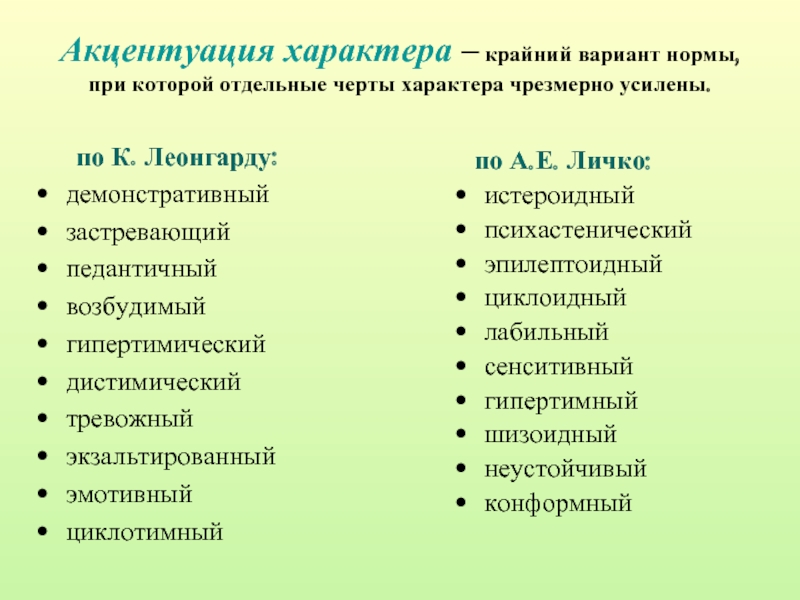 Заострение черт характера называется. Типы акцентуации по Личко. Классификация личностей по Личко. Типы акцентуаций характера по а.е. Личко. Классификация акцентуаций по Леонгарду и Личко.