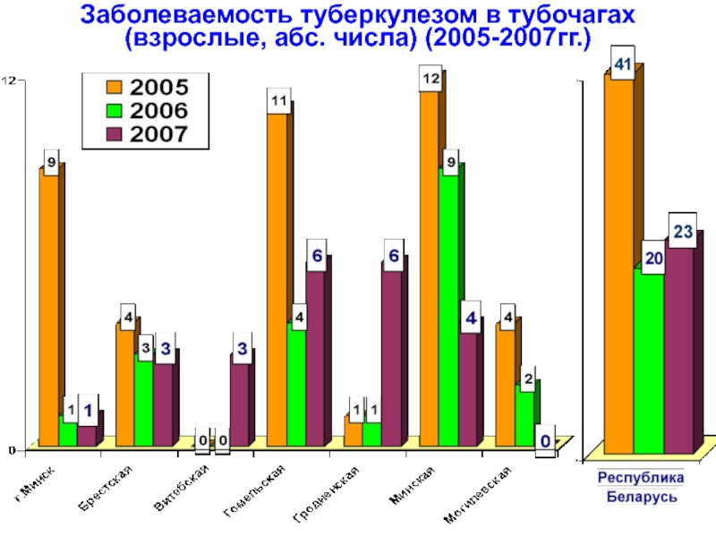 Заболеваемость туберкулезом в тубочагах (взрослые, абс. числа) (2005-2007гг.)