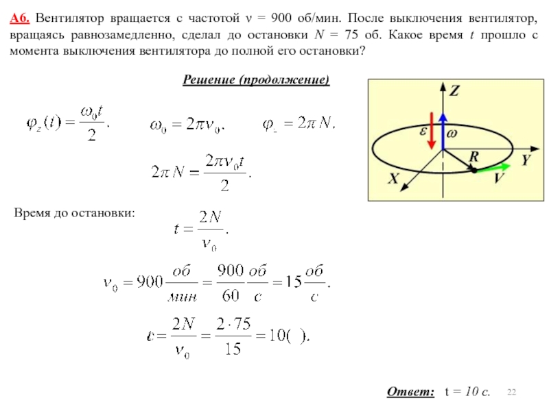 А6. Вентилятор вращается с частотой ν = 900 об/мин. После выключения вентилятор, вращаясь равнозамедленно, сделал до остановки