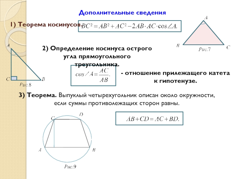 1) Теорема косинусов. 3) Теорема. Выпуклый четырехугольник описан около окружности, если суммы противолежащих сторон равны. Дополнительные сведения2)