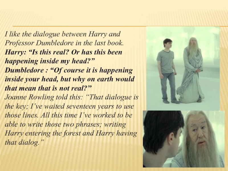 I like the dialogue between Harry and Professor Dumbledore in the last book. Harry: “Is this real?