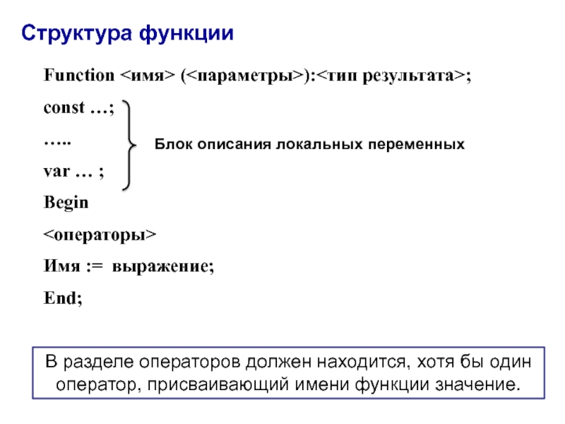 Структура Паскаль. Имя функции. Структура языка Pascal. Структура Pascal.