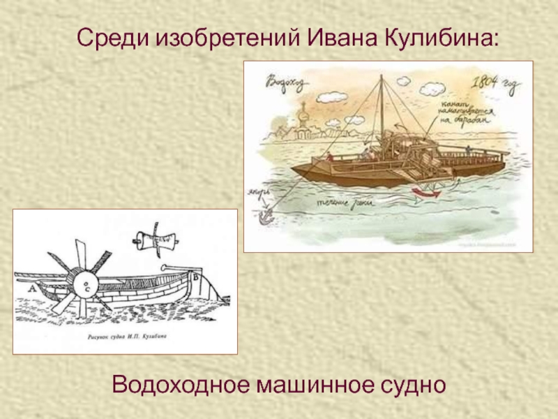 Среди изобретений. Кулибин Иван Петрович изобретения водоход. Водоходное судно Кулибина. Водоход Кулибина Ивана Петровича. Кулибин Иван Петрович речное судно.