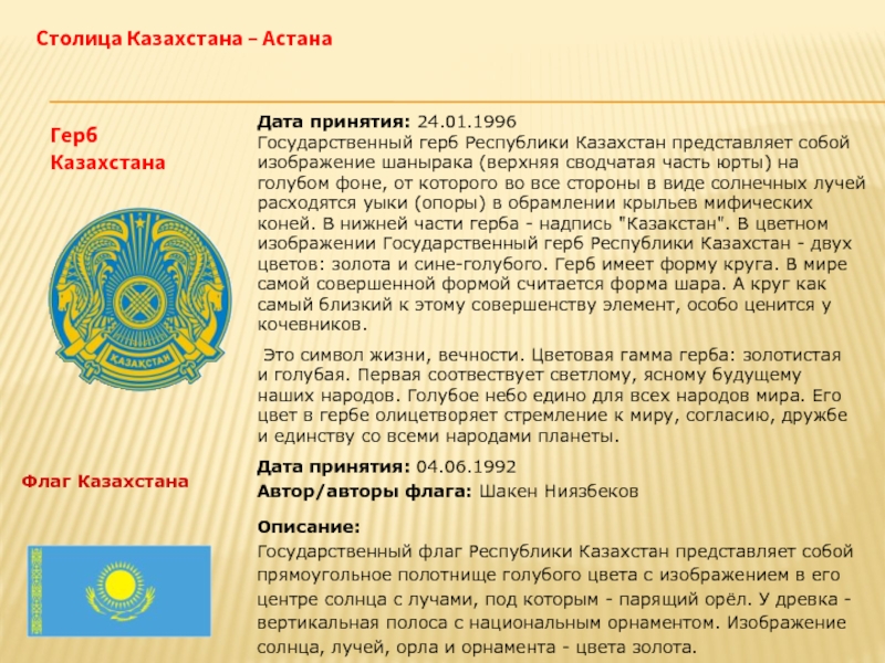 Даты казахстана. Герб РК С описанием. Казахстан символы страны. Флаг Казахстана с описанием.