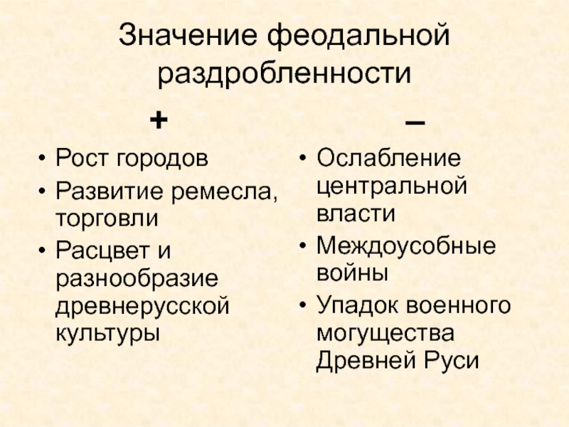 Древняя Русь
IX - XIII вв Значение феодальной раздробленности+Рост городовРазвитие ремесла, торговлиРасцвет и разнообразие древнерусской культуры– Ослабление Значение феодальной раздробленности+Рост городовРазвитие ремесла, торговлиРасцвет и разнообразие древнерусской культуры– Ослабление центральной властиМеждоусобные войныУпадок военного могущества Древней