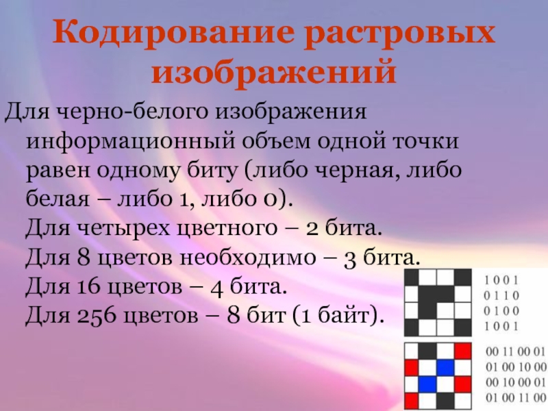 При кодировании черно белого растрового изображения на 1 пиксель приходится