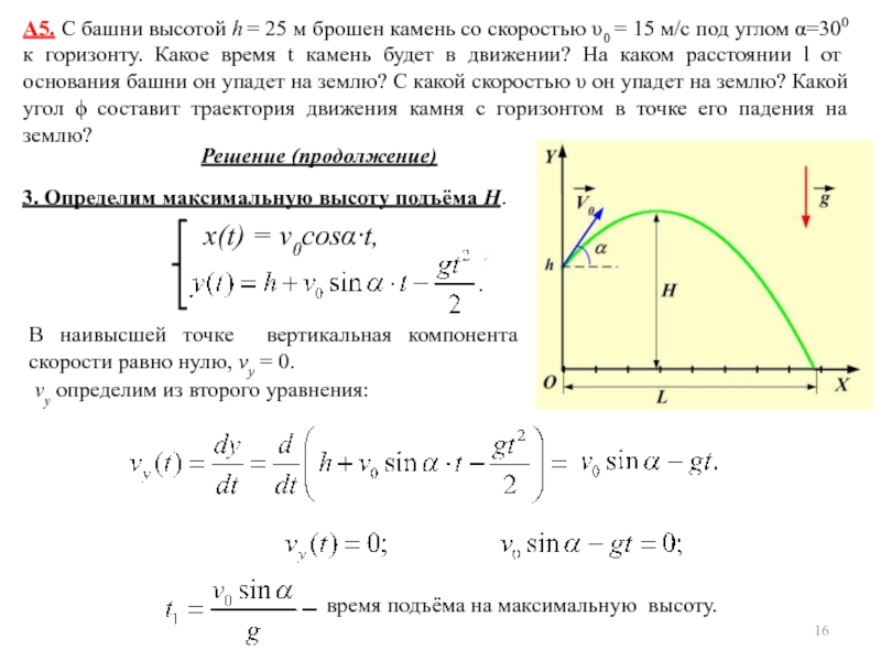 А5. С башни высотой h = 25 м брошен камень со скоростью υ0 = 15 м/с под