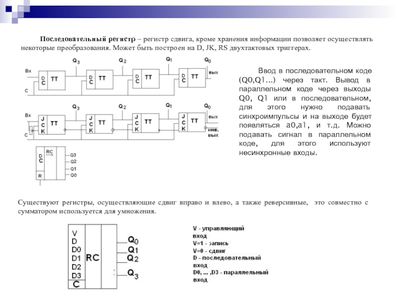 Сумматор с параллельным переносом. Последовательный регистр на RS триггерах. Четырехразрядный регистр сдвига на RS триггерах. Сдвиговый регистр на d триггерах. Последовательный регистр сдвига на d-триггерах.