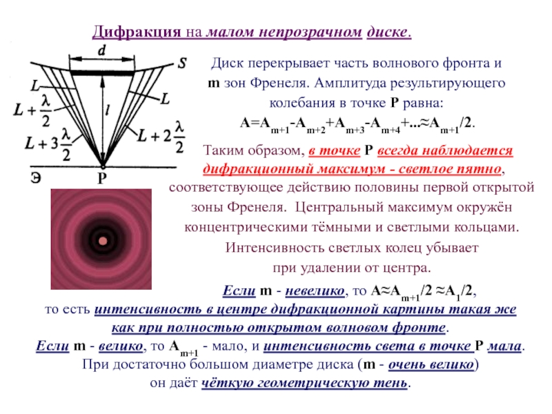 В центре дифракционной картины будет наблюдаться светлое пятно при дифракции френеля на круглом