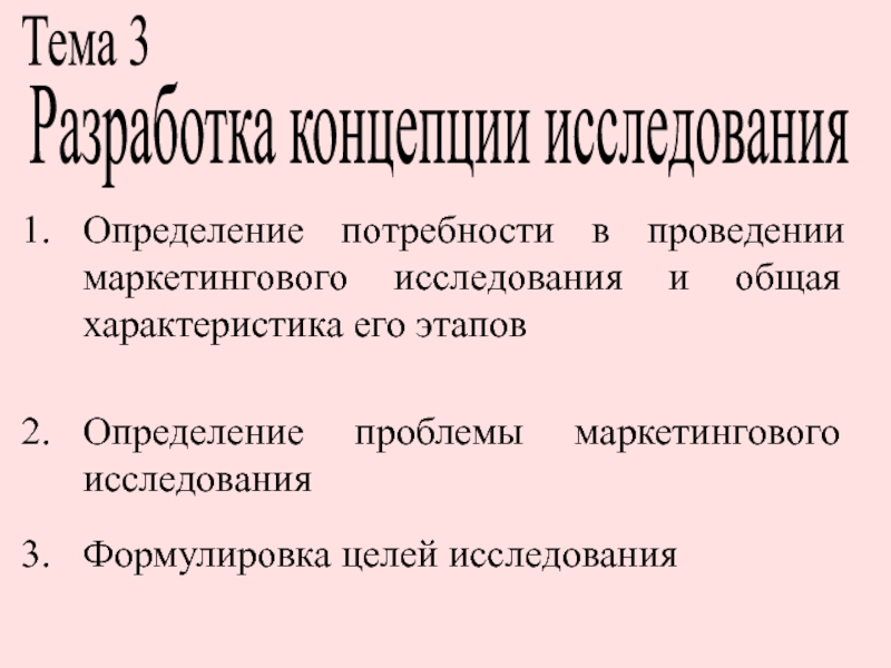 Тема 3
Разработка концепции исследования
Определение потребности в проведении