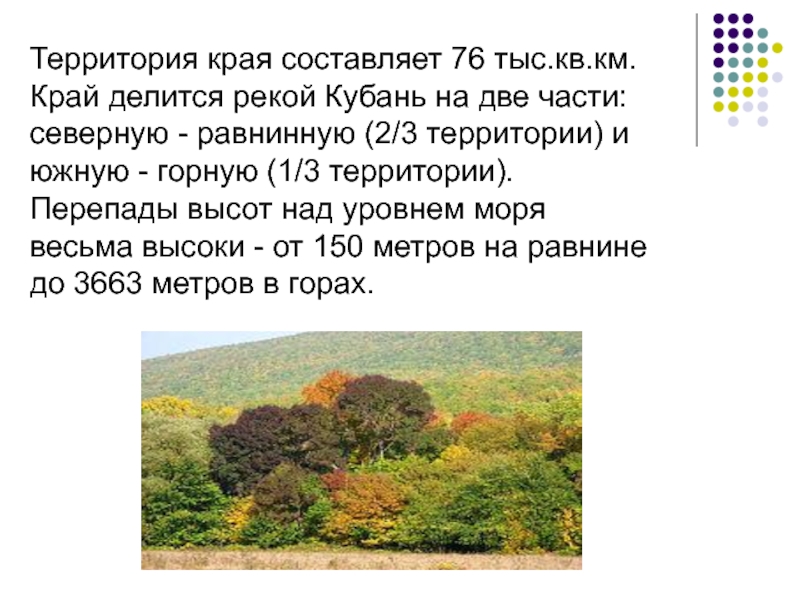 Территория края составляет 76 тыс.кв.км. Край делится рекой Кубань на две части: северную - равнинную (2/3 территории)