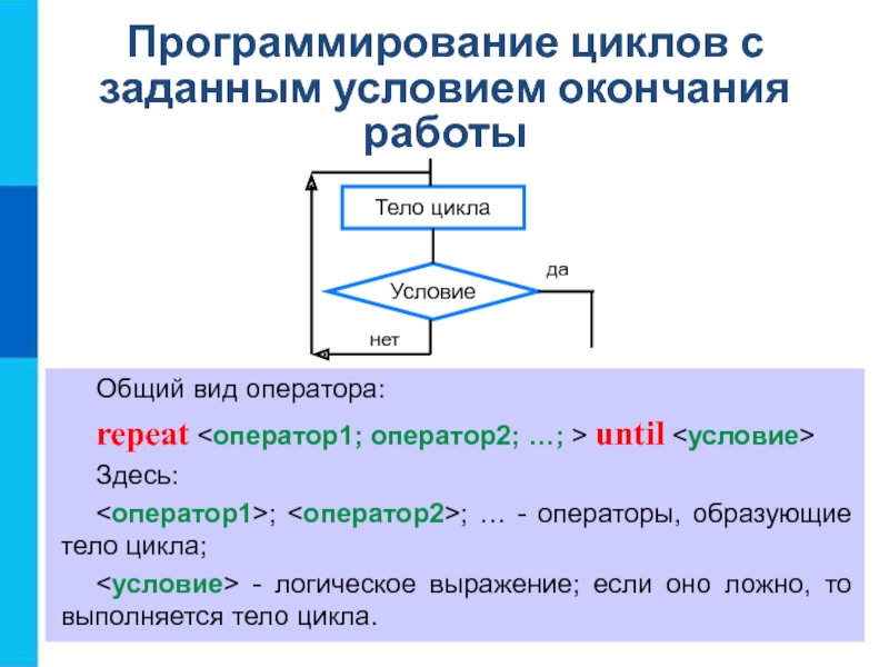 Оператор цикла выполняется до тех пока условие составь план