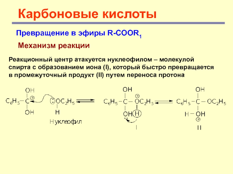 Карбоновые кислотыПревращение в эфиры R-COOR1 Механизм реакции Реакционный центр атакуется нуклеофилом – молекулой спирта с образованием иона