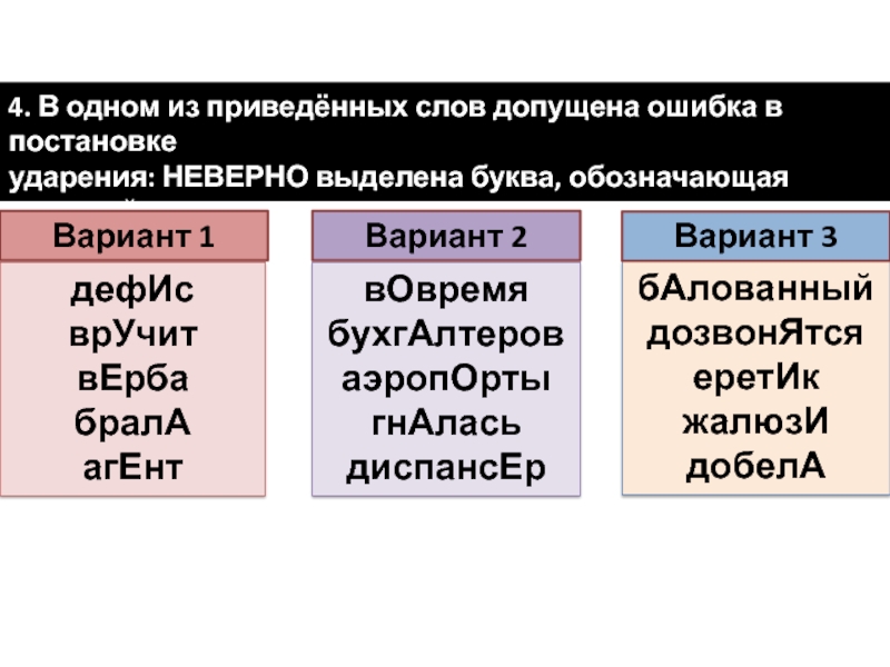 4. В одном из приведённых слов допущена ошибка в постановке ударения: НЕВЕРНО выделена буква, обозначающая ударный гласный