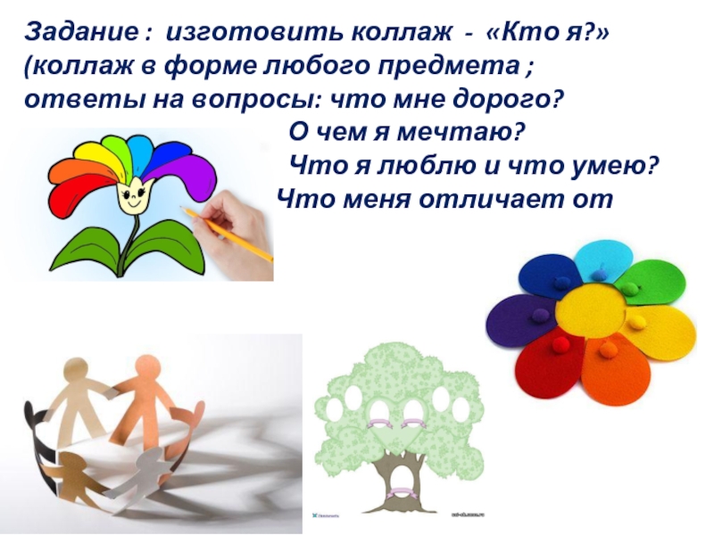 Задание : изготовить коллаж - «Кто я?» (коллаж в форме любого предмета ;ответы на вопросы: что мне