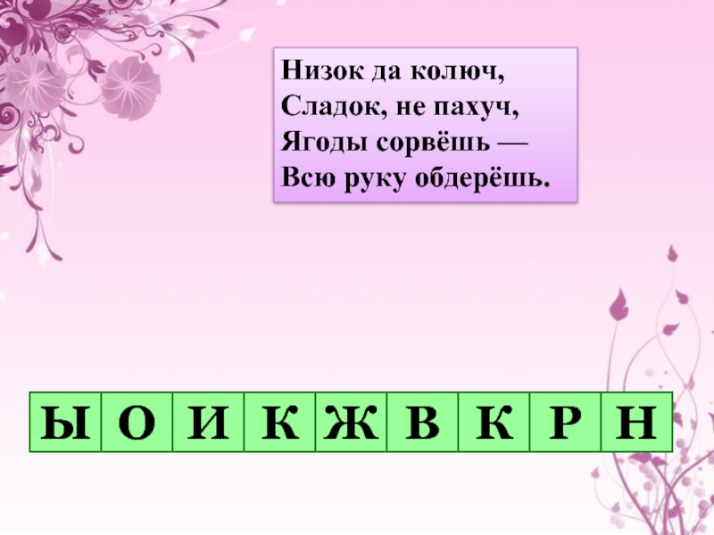 Имя низок. Низок да колюч сладок не пахуч ягоды сорвешь всю руку обдерешь. Низкий да колючий сладкий не пахучий ягоды сорвёшь всю руку обдерёшь. Низок, да колюч, сладок, да не пахуч. Ягоды сорвешь – всю руку обдерешь. Сладок-сладкий низок-низкий.