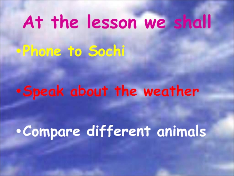 At the lesson we shallPhone to Sochi Speak about the weatherCompare different animals