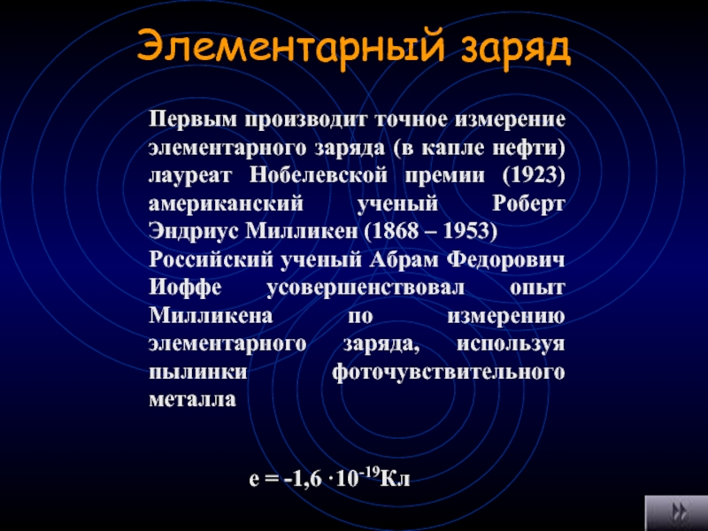 Элементарный зарядПервым производит точное измерение элементарного заряда (в капле нефти) лауреат Нобелевской премии (1923) американский ученый Роберт