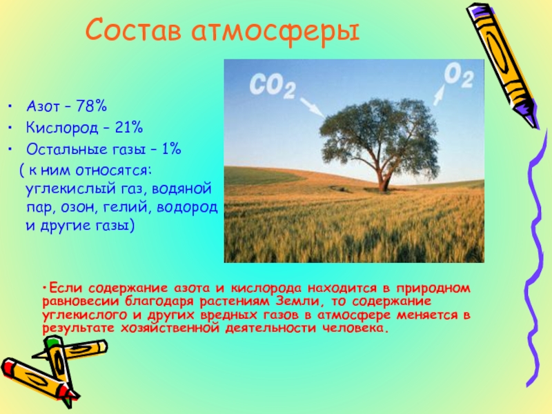 Состав атмосферыАзот – 78%Кислород – 21%Остальные газы – 1%  ( к ним относятся: углекислый газ, водяной