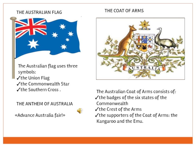 THE AUSTRALIAN FLAGTHE COAT OF ARMS«Advance Australia fair!» THE ANTHEM OF AUSTRALIAThe Australian flag uses three symbols: