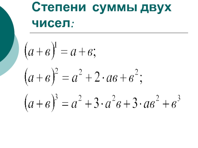 Степень суммы двух чисел. Сумма степеней. Формула суммы н степеней.