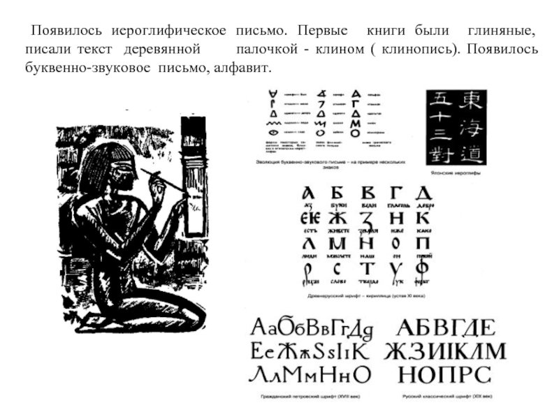 Появилось иероглифическое письмо. Первые книги были глиняные, писали текст деревянной   палочкой - клином (