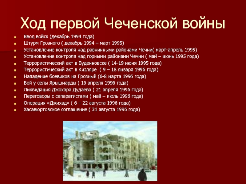 Ход первой Чеченской войныВвод войск (декабрь 1994 года)Штурм Грозного ( декабрь 1994 – март 1995)Установление контроля над