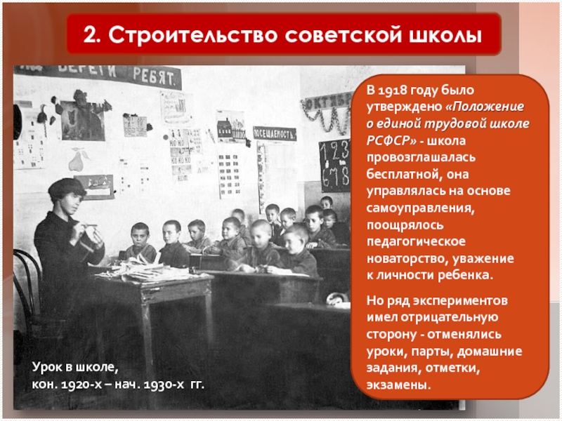 Урок в школе, кон. 1920-х – нач. 1930-х гг.2. Строительство советской школыВ 1918 году было утверждено «Положение
