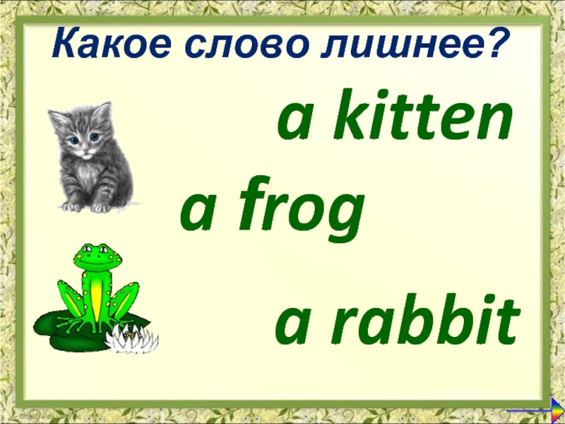 a kittena frogКакое слово лишнее?a rabbit