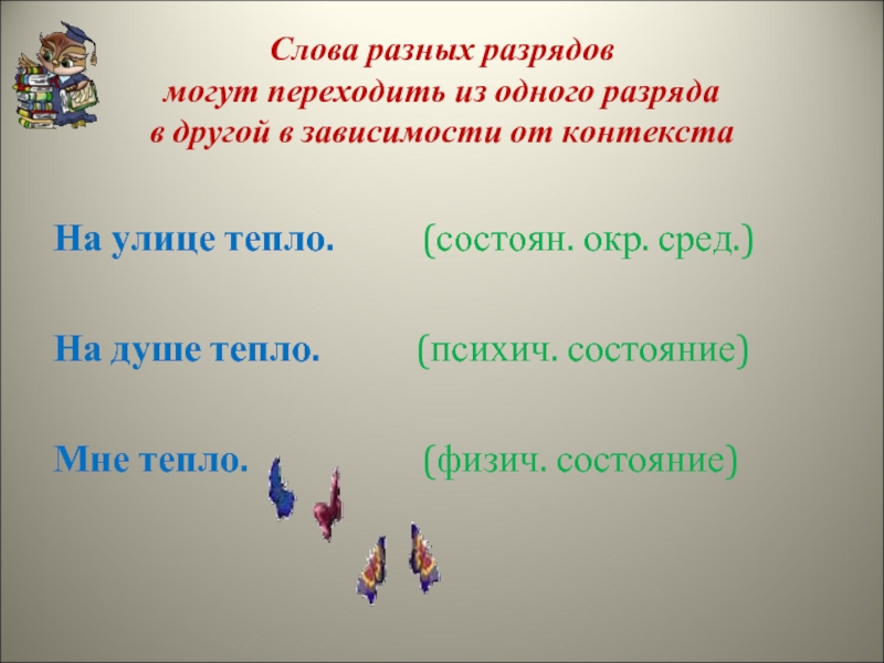 Слова в разных контекстах. Разные тексты. Разряды слов. Смысловые группы категории состояния. Разряд слова всякому.