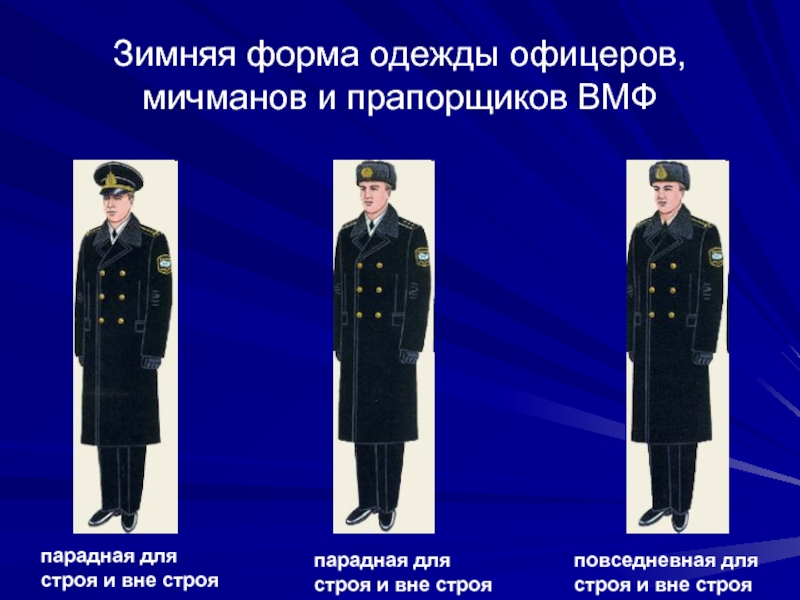 Зимняя форма одежды офицеров, мичманов и прапорщиков ВМФпарадная длястроя и вне строяпарадная длястроя и вне строяповседневная для