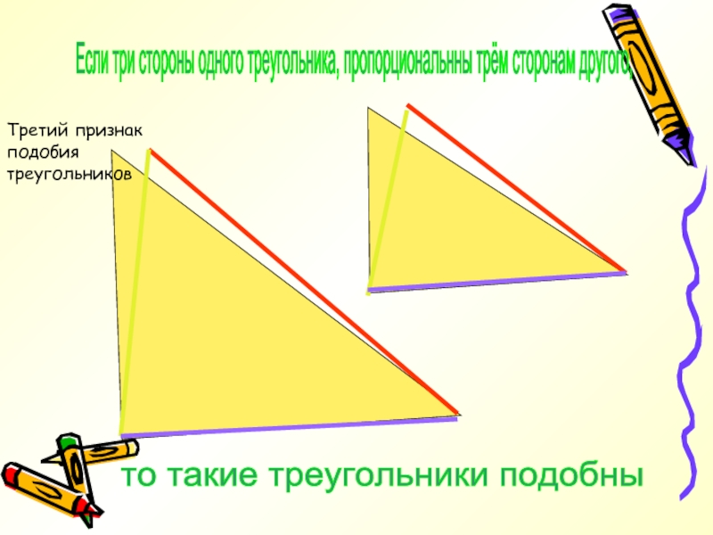 Если три стороны одного треугольника, пропорциональнны трём сторонам другого, то такие треугольники подобны Третий признакподобиятреугольников