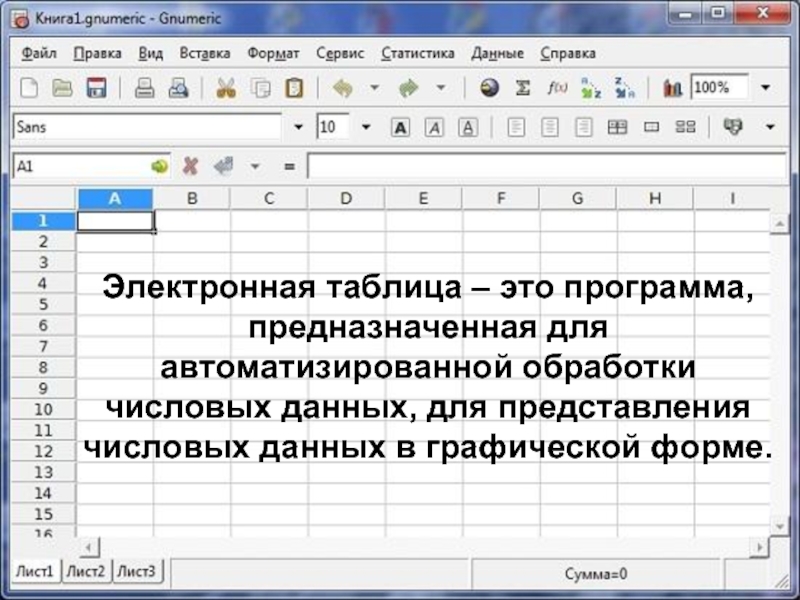 Электронная таблица – это программа, предназначенная для автоматизированной обработки числовых данных, для представления числовых данных в графической