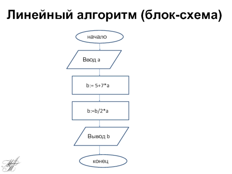 Придумайте пример линейного алгоритма который можно записать с помощью блок схемы